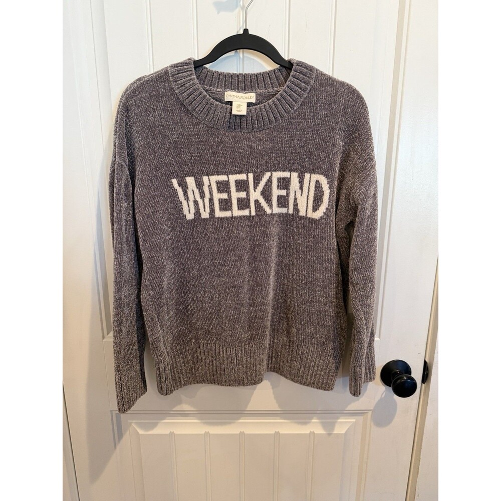 Cynthia Rowley Women’s M Gray Chenille WEEKEND Graphic Sweater Pullover